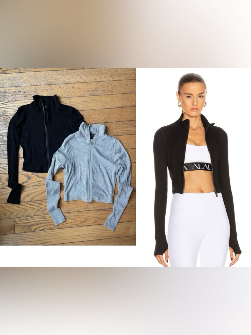 ALALA Set/ 2 Black & Grey Rise Full Zip Up Mock Neck Knit Cropped Jacket Tops XS